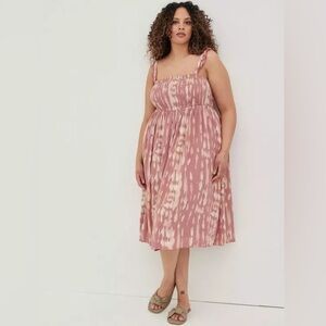 Torrid Midi Challis Dress Smocked Tiered Tie-Dye Pink, Plus Size 4X 26W Coquette